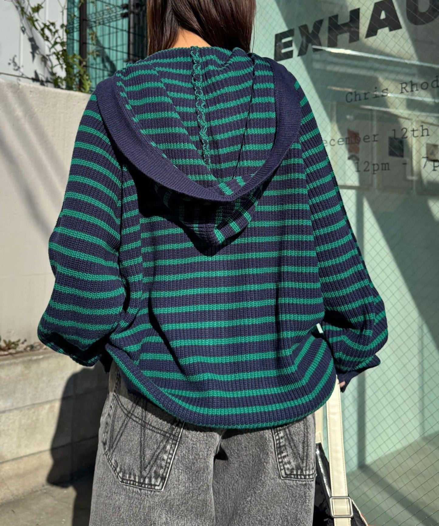 拼色條紋雙拉鍊針織連帽衫