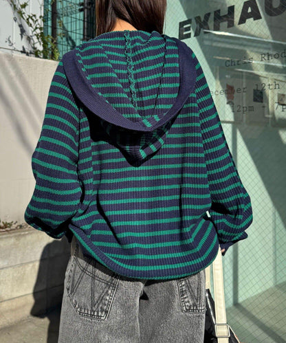 拼色條紋雙拉鍊針織連帽衫