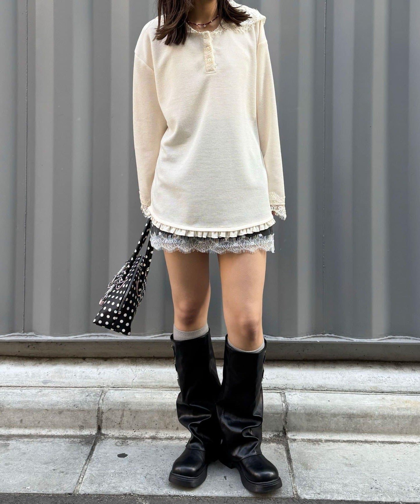 蕾絲拼接華夫格長袖T恤