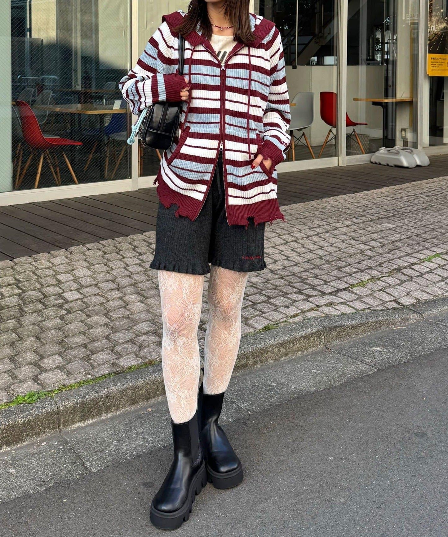 拼色條紋雙拉鍊針織連帽衫