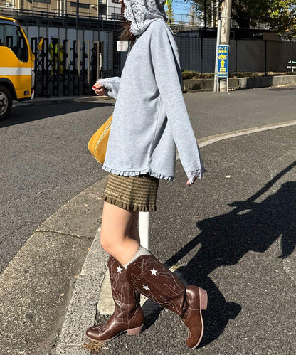 蕾絲拼接華夫格長袖T恤