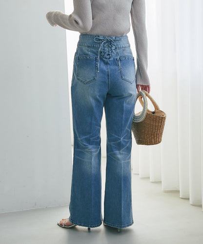 バックレースアップデニムフレアパンツ