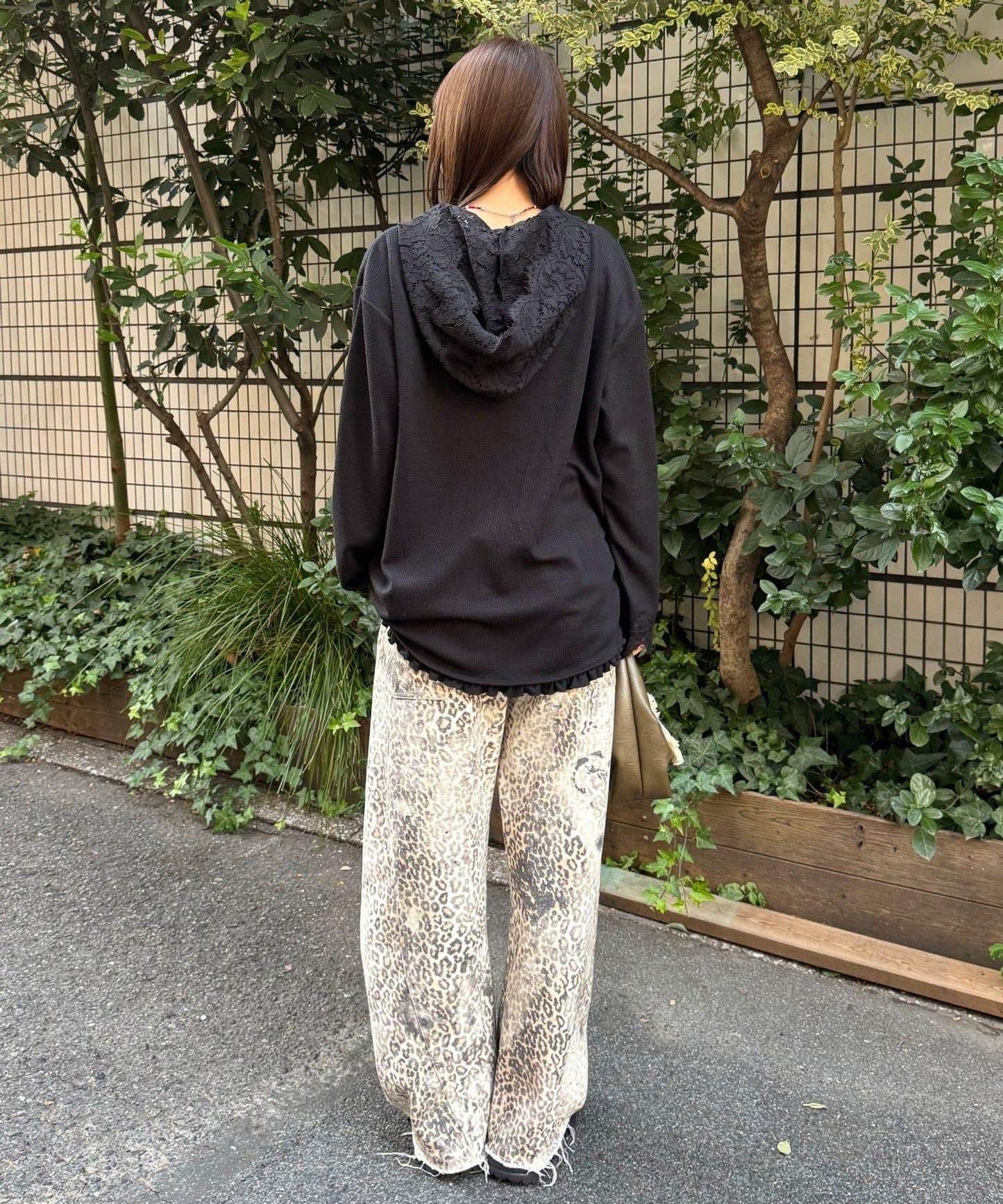 蕾絲拼接華夫格長袖T恤