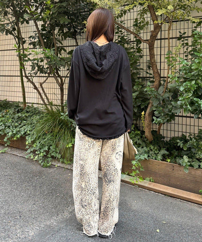 蕾絲拼接華夫格長袖T恤