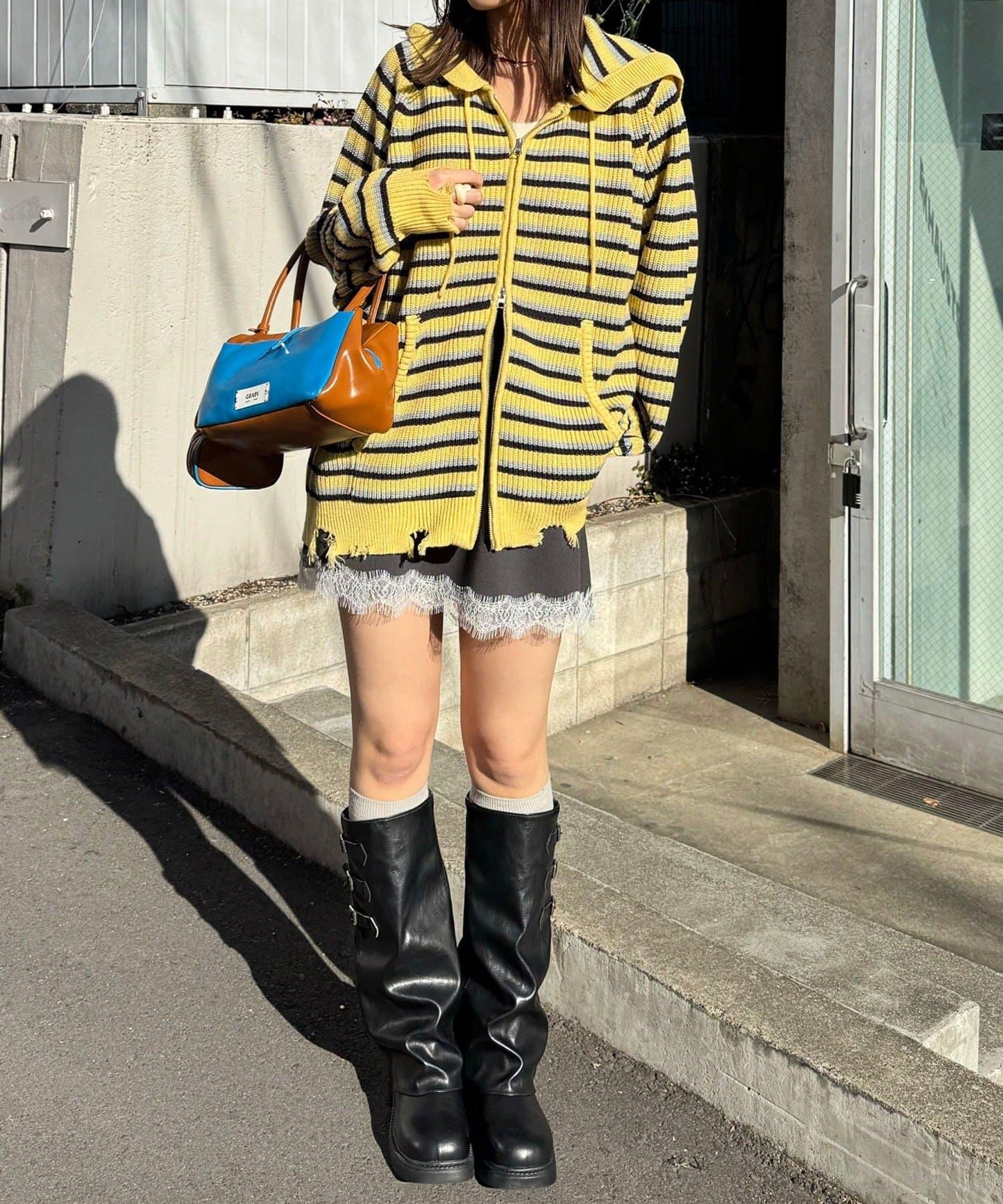 拼色條紋雙拉鍊針織連帽衫