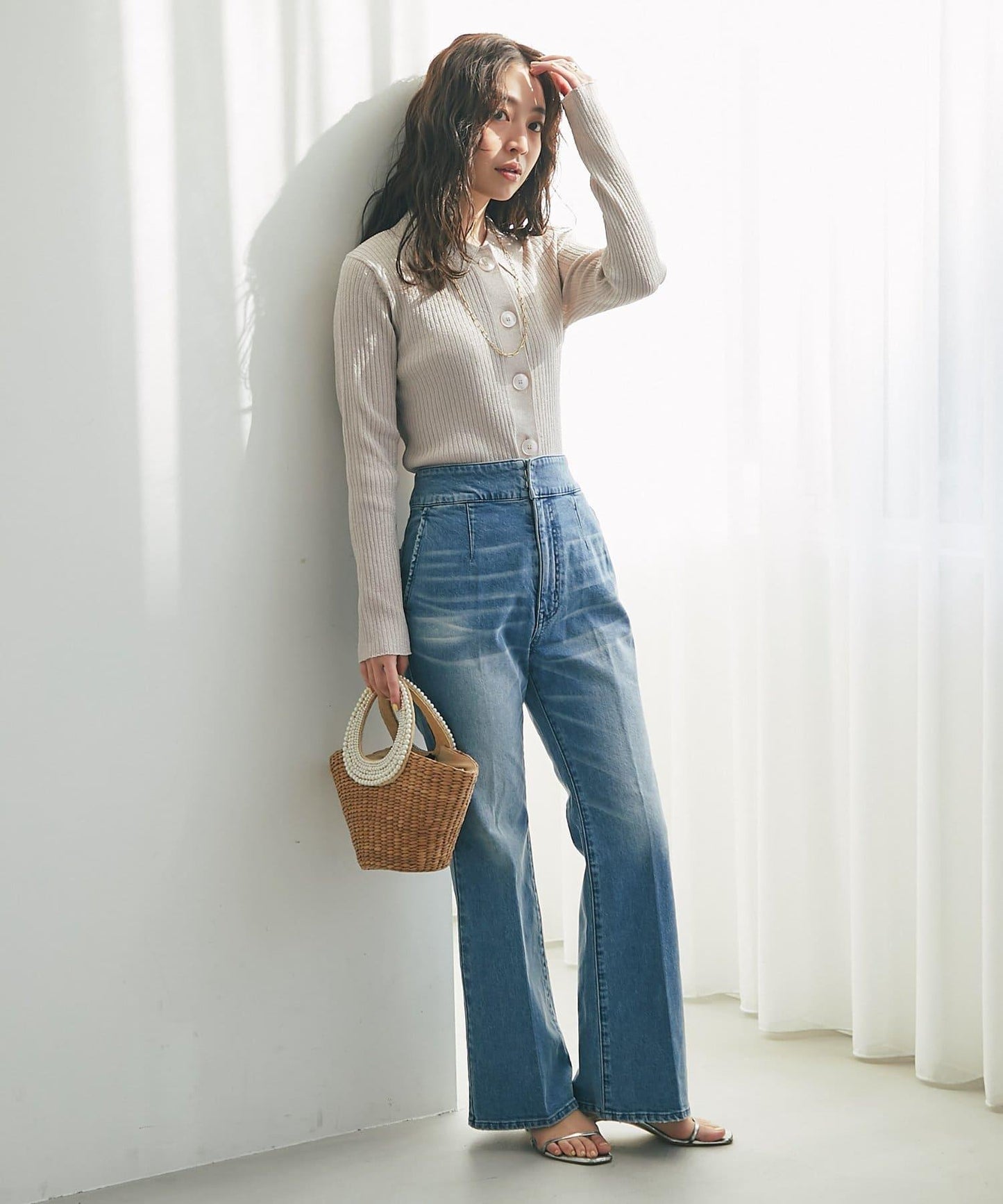 バックレースアップデニムフレアパンツ