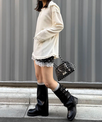 蕾絲拼接華夫格長袖T恤