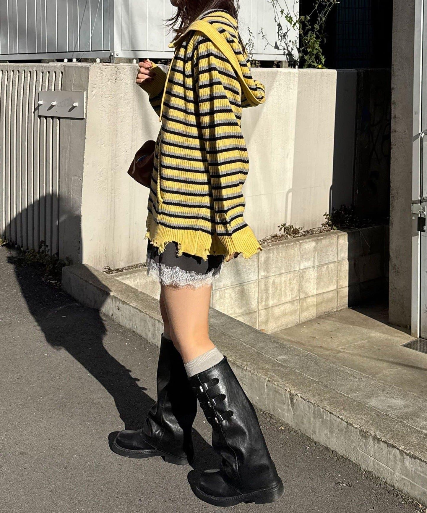 拼色條紋雙拉鍊針織連帽衫