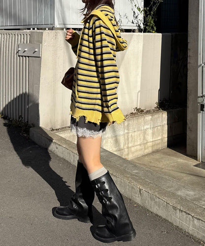 拼色條紋雙拉鍊針織連帽衫