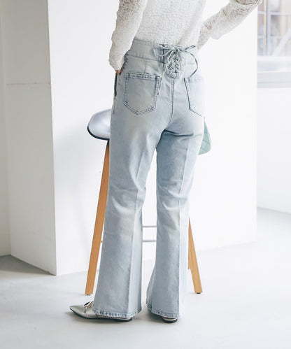 バックレースアップデニムフレアパンツ