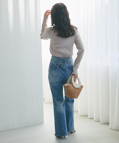 バックレースアップデニムフレアパンツ