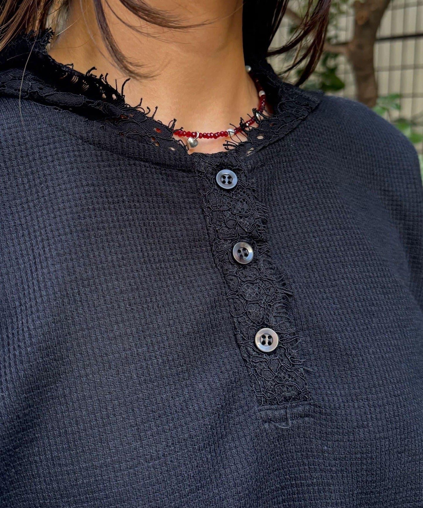 蕾絲拼接華夫格長袖T恤