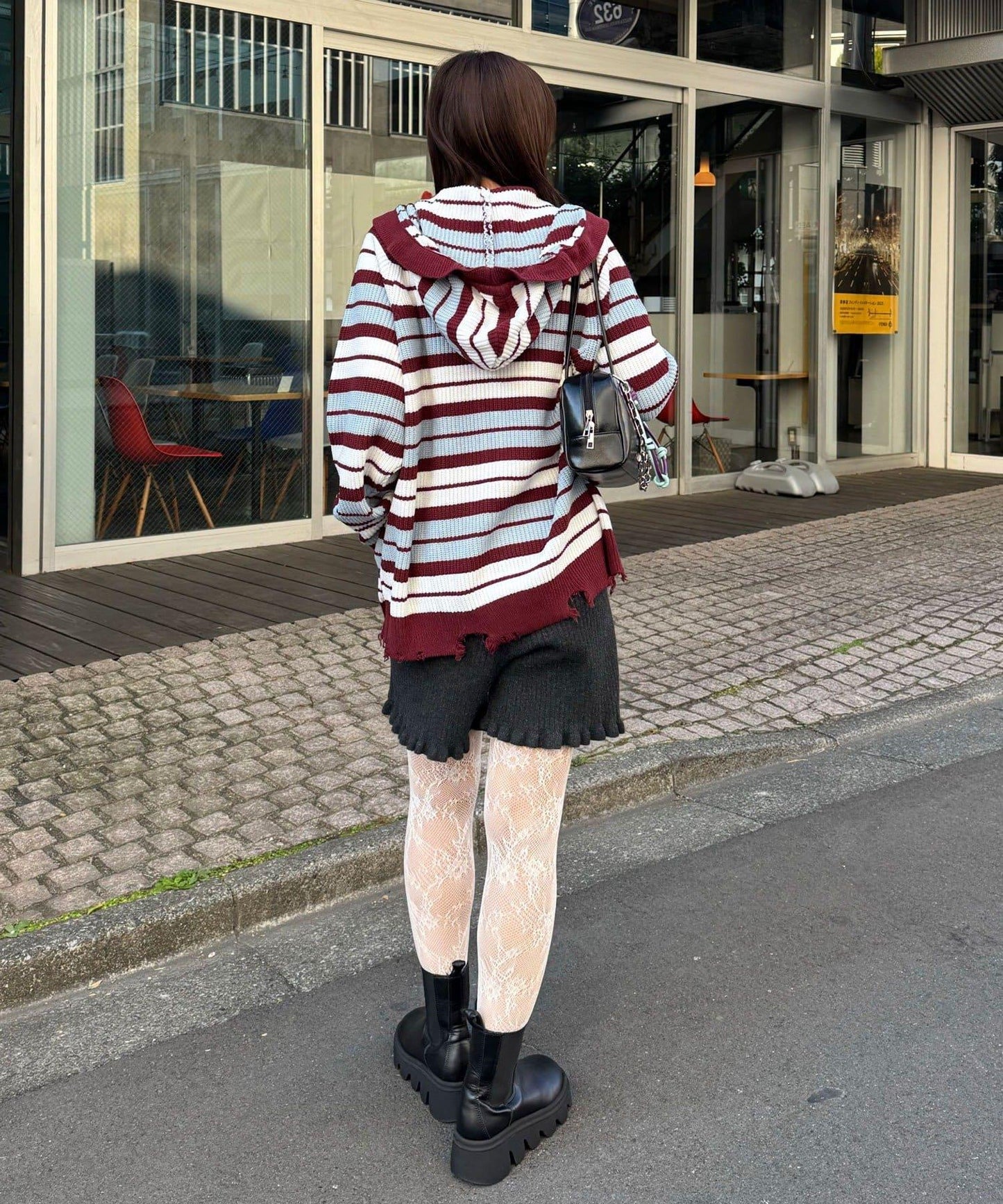 拼色條紋雙拉鍊針織連帽衫