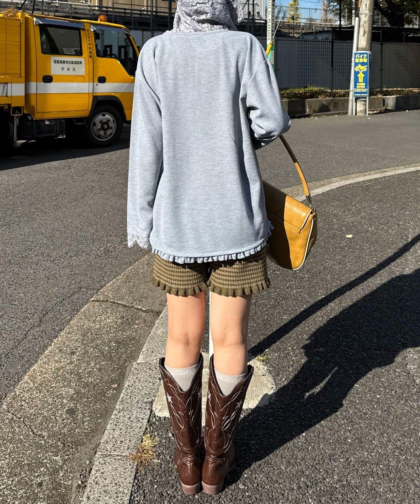 蕾絲拼接華夫格長袖T恤