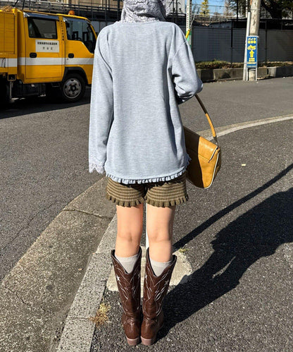 蕾絲拼接華夫格長袖T恤