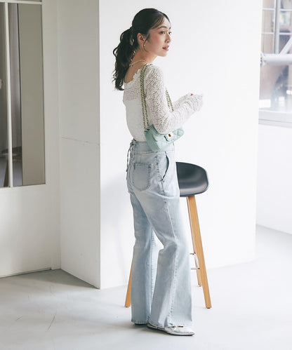 バックレースアップデニムフレアパンツ