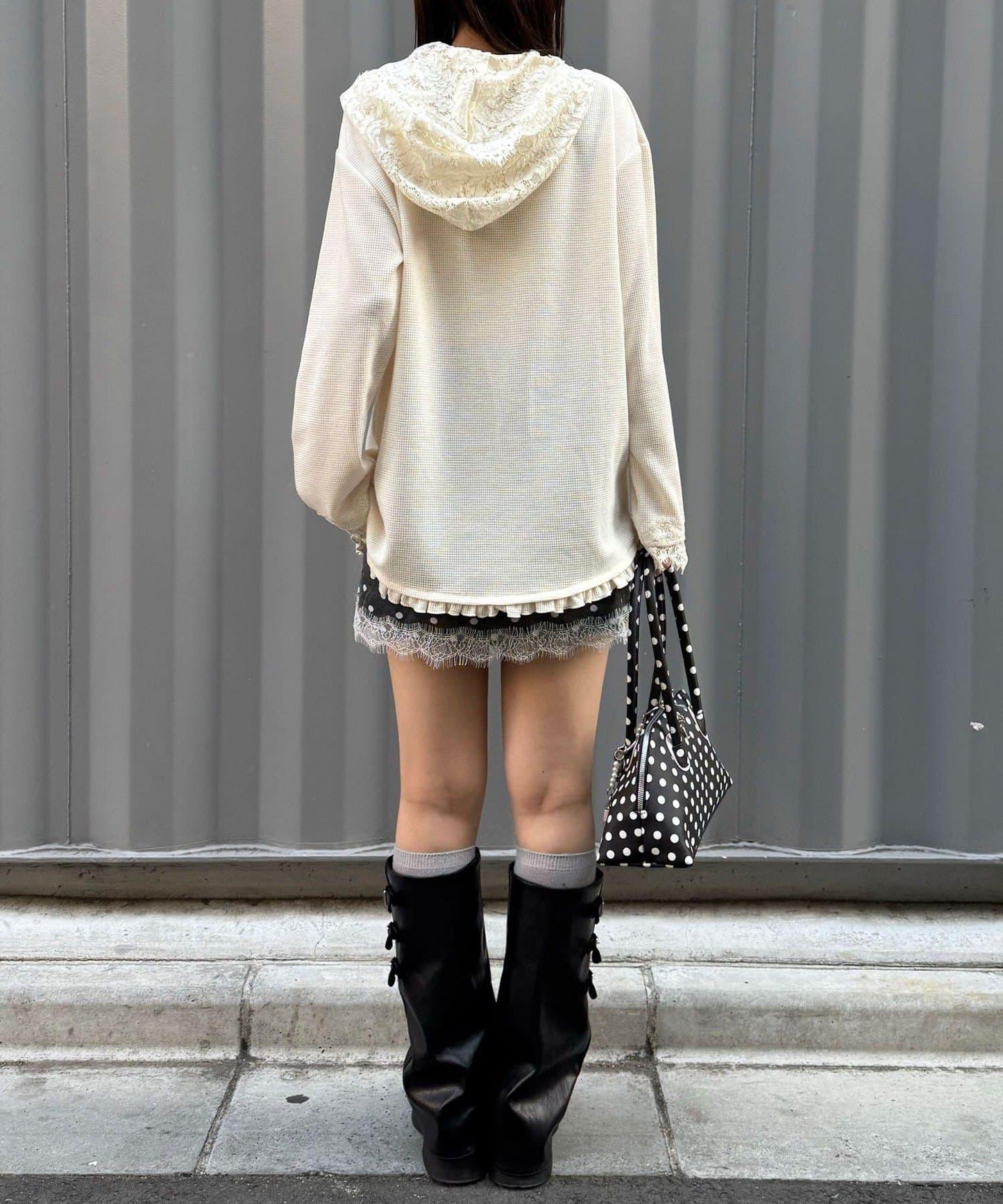 蕾絲拼接華夫格長袖T恤