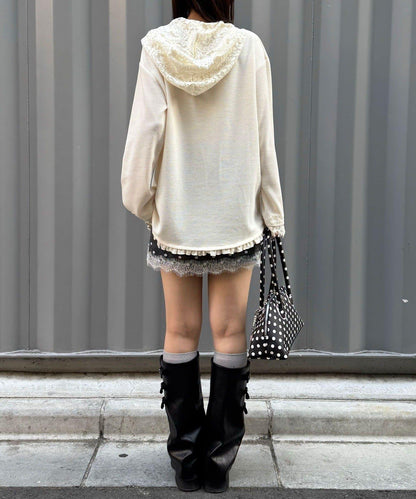 蕾絲拼接華夫格長袖T恤