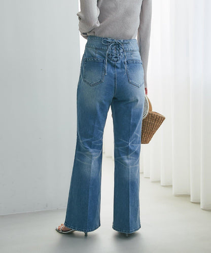 バックレースアップデニムフレアパンツ