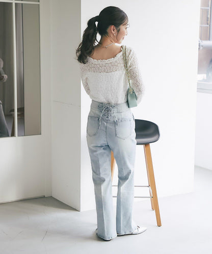 バックレースアップデニムフレアパンツ