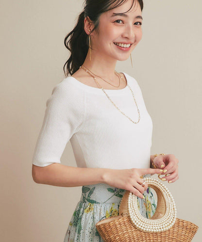 【復刻・新色黃色登場】亮片羅紋一字肩五分袖針織衫