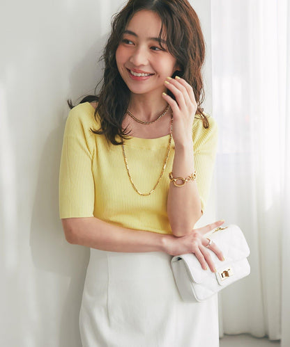 【復刻・新色黃色登場】亮片羅紋一字肩五分袖針織衫