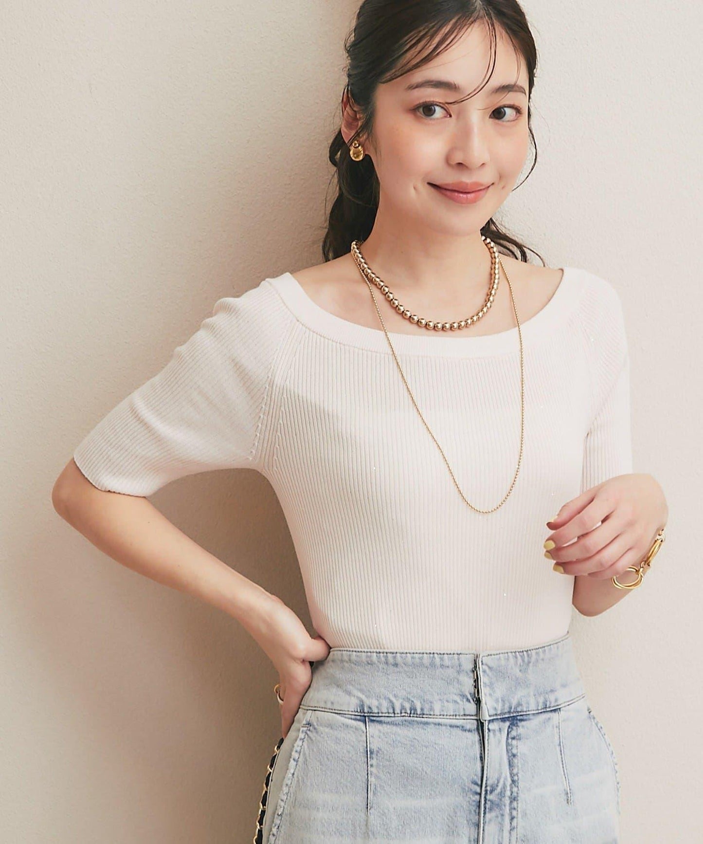 【復刻・新色黃色登場】亮片羅紋一字肩五分袖針織衫