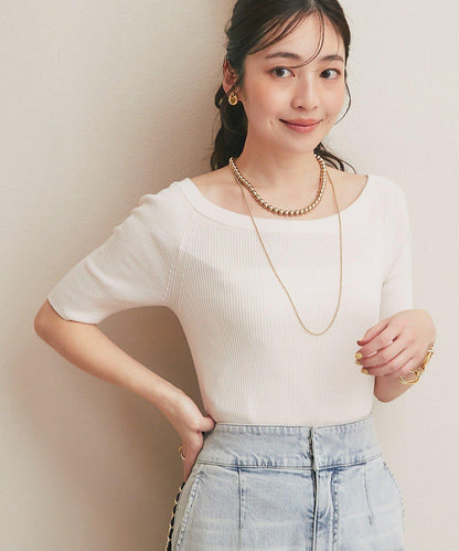 【復刻・新色黃色登場】亮片羅紋一字肩五分袖針織衫