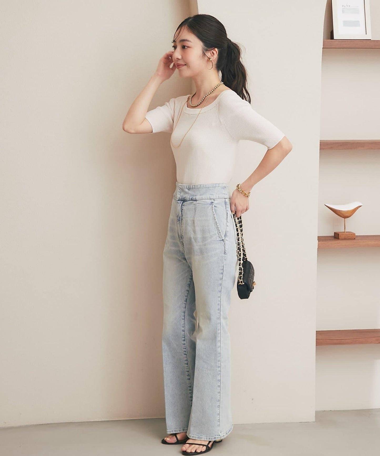 バックレースアップデニムフレアパンツ