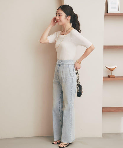 バックレースアップデニムフレアパンツ