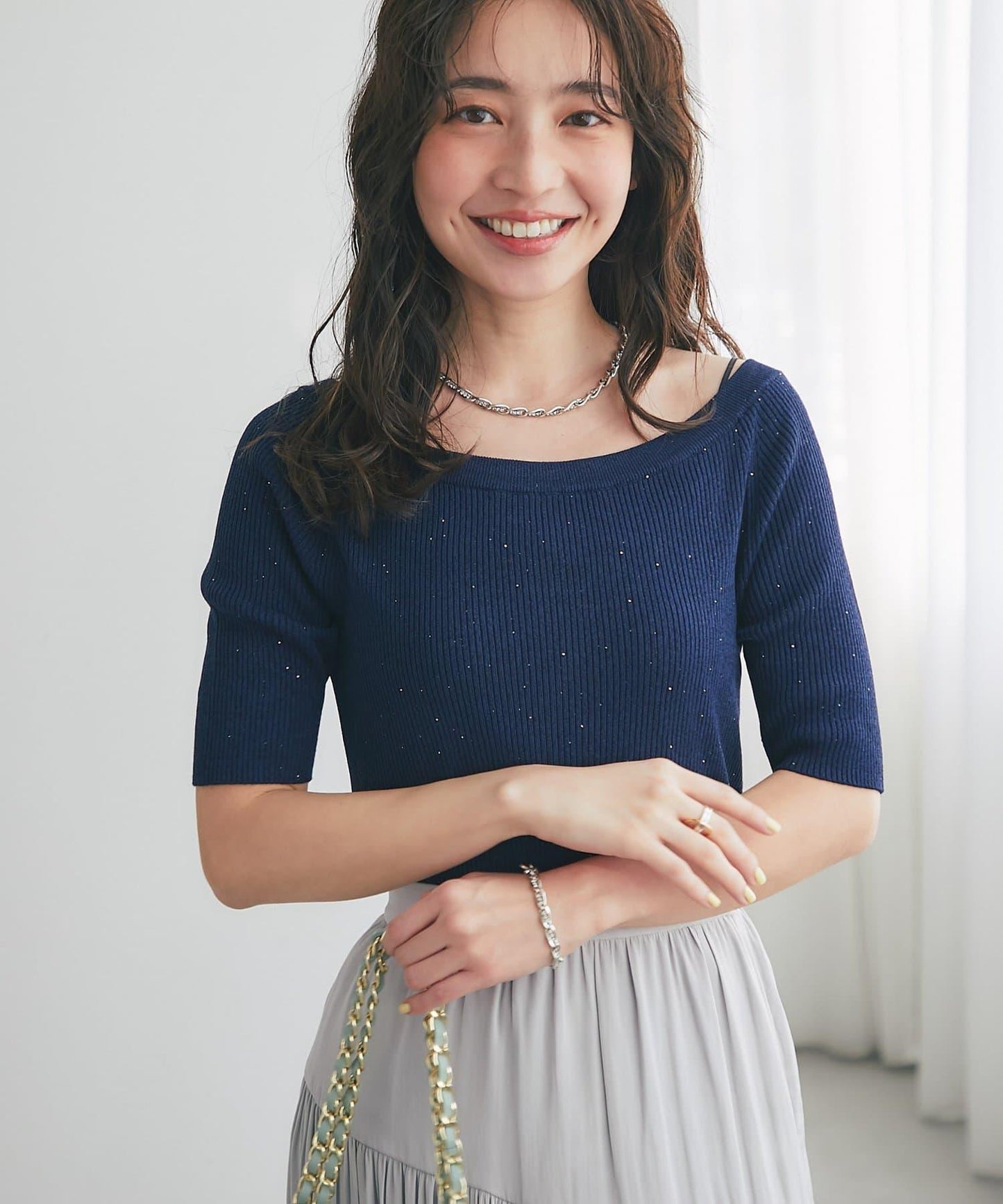 【復刻・新色黃色登場】亮片羅紋一字肩五分袖針織衫