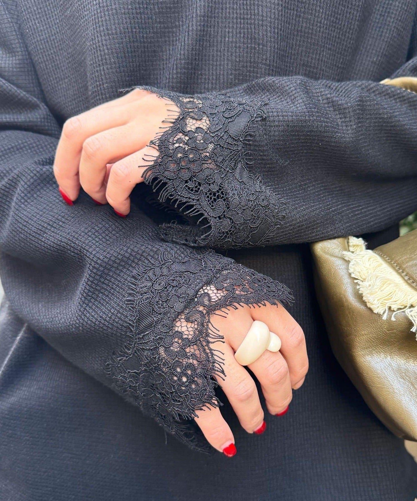 蕾絲拼接華夫格長袖T恤