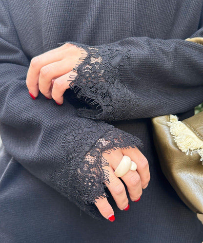 蕾絲拼接華夫格長袖T恤