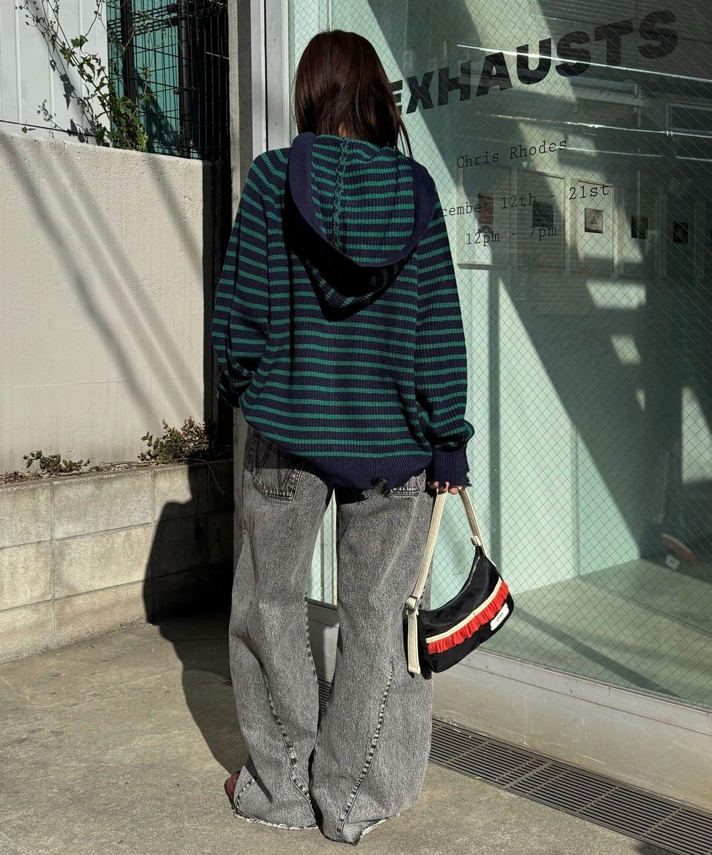 拼色條紋雙拉鍊針織連帽衫