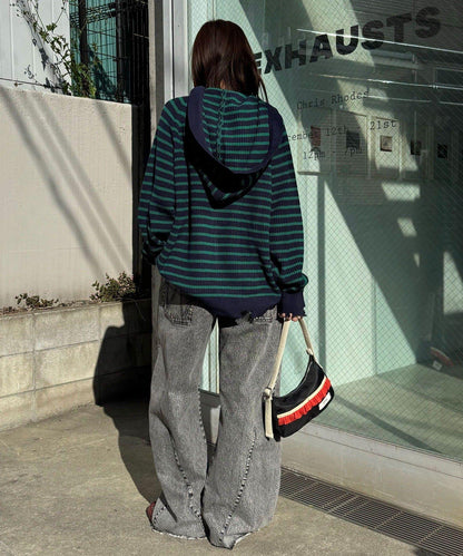 拼色條紋雙拉鍊針織連帽衫