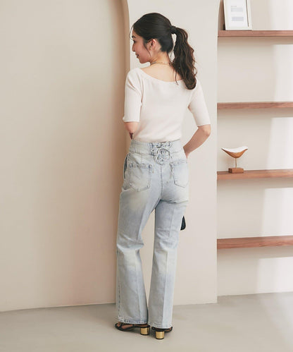 バックレースアップデニムフレアパンツ