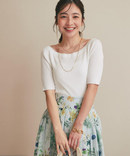 【復刻・新色黃色登場】亮片羅紋一字肩五分袖針織衫