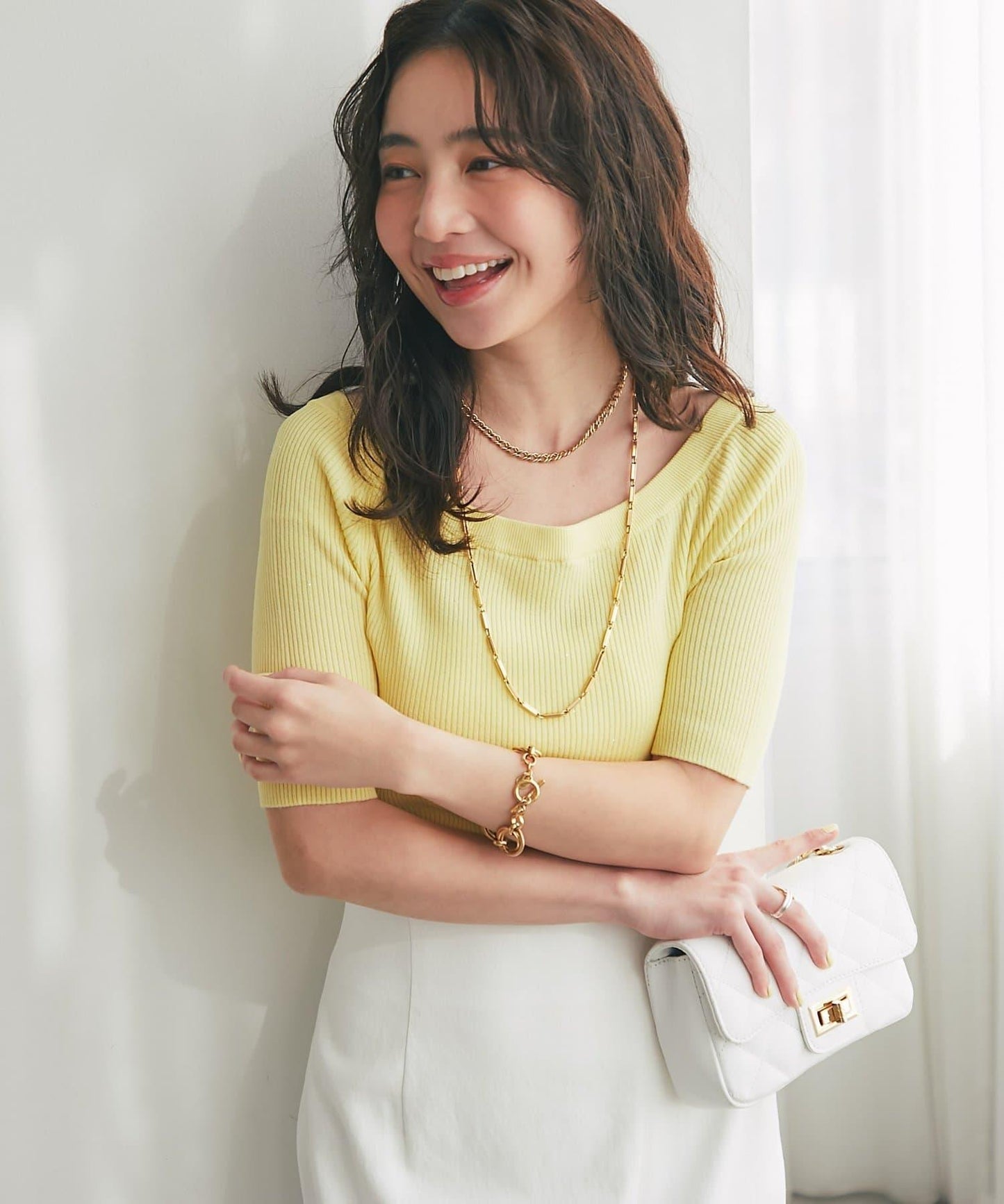 【復刻・新色黃色登場】亮片羅紋一字肩五分袖針織衫