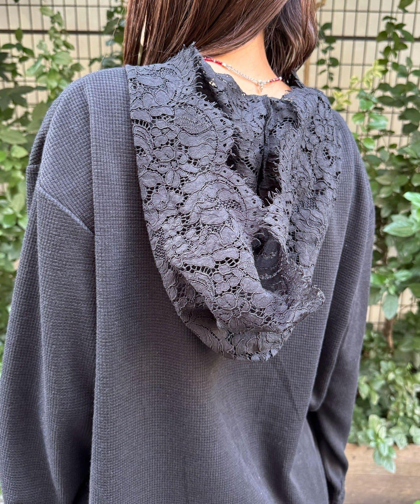 蕾絲拼接華夫格長袖T恤