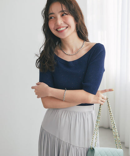 【復刻・新色黃色登場】亮片羅紋一字肩五分袖針織衫