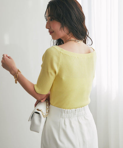 【復刻・新色黃色登場】亮片羅紋一字肩五分袖針織衫