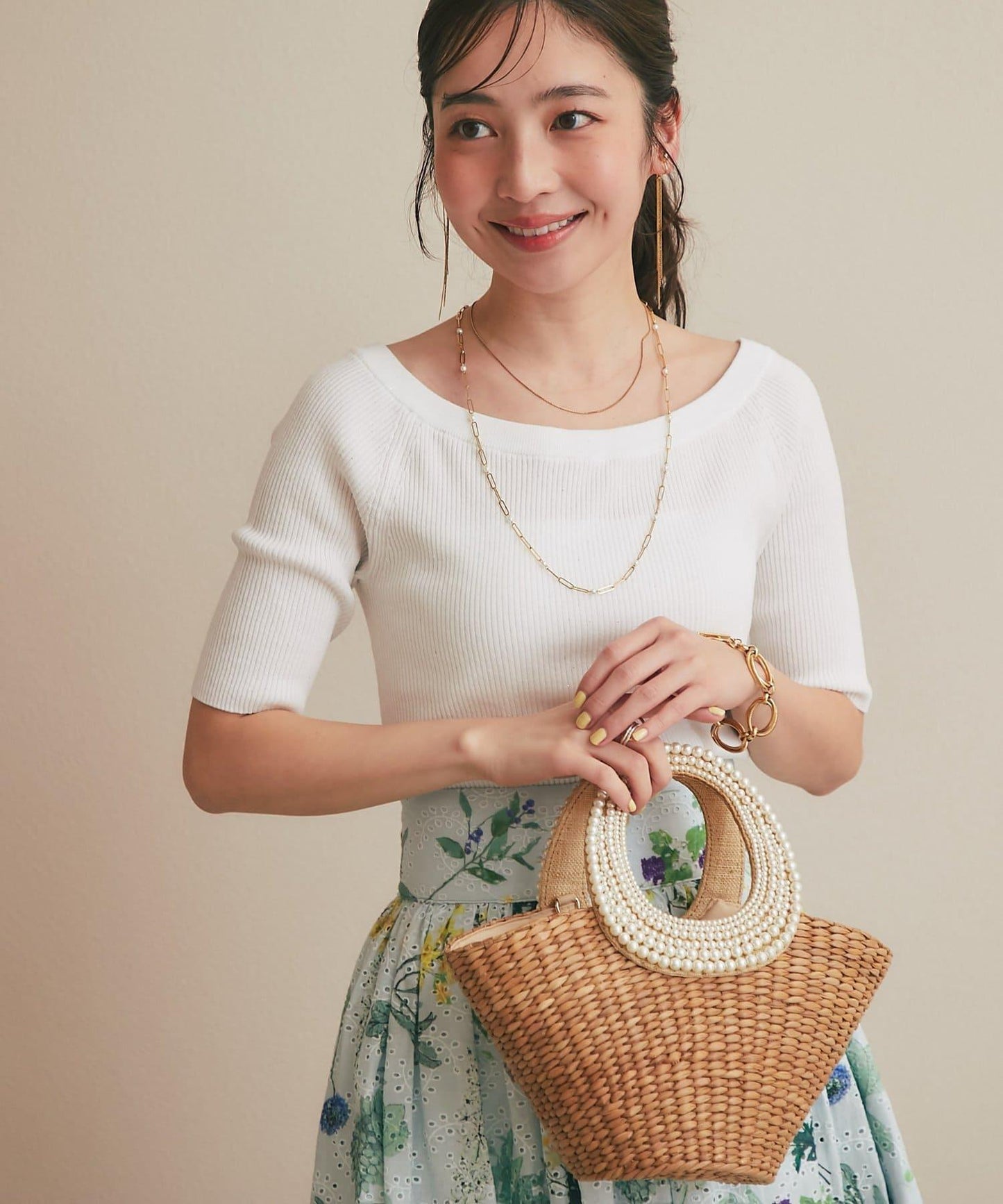 【復刻・新色黃色登場】亮片羅紋一字肩五分袖針織衫