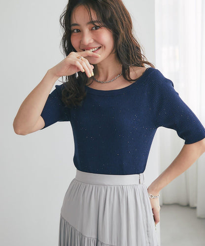 【復刻・新色黃色登場】亮片羅紋一字肩五分袖針織衫