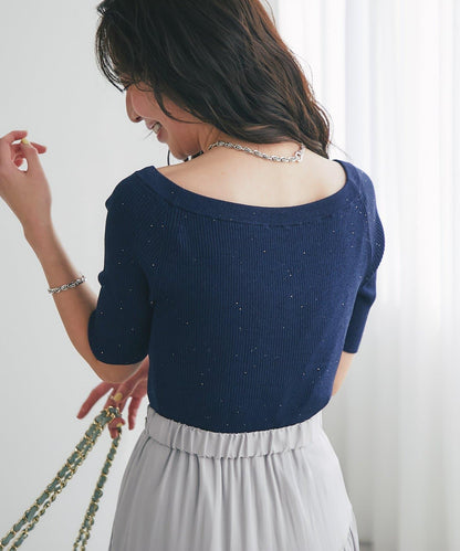 【復刻・新色黃色登場】亮片羅紋一字肩五分袖針織衫