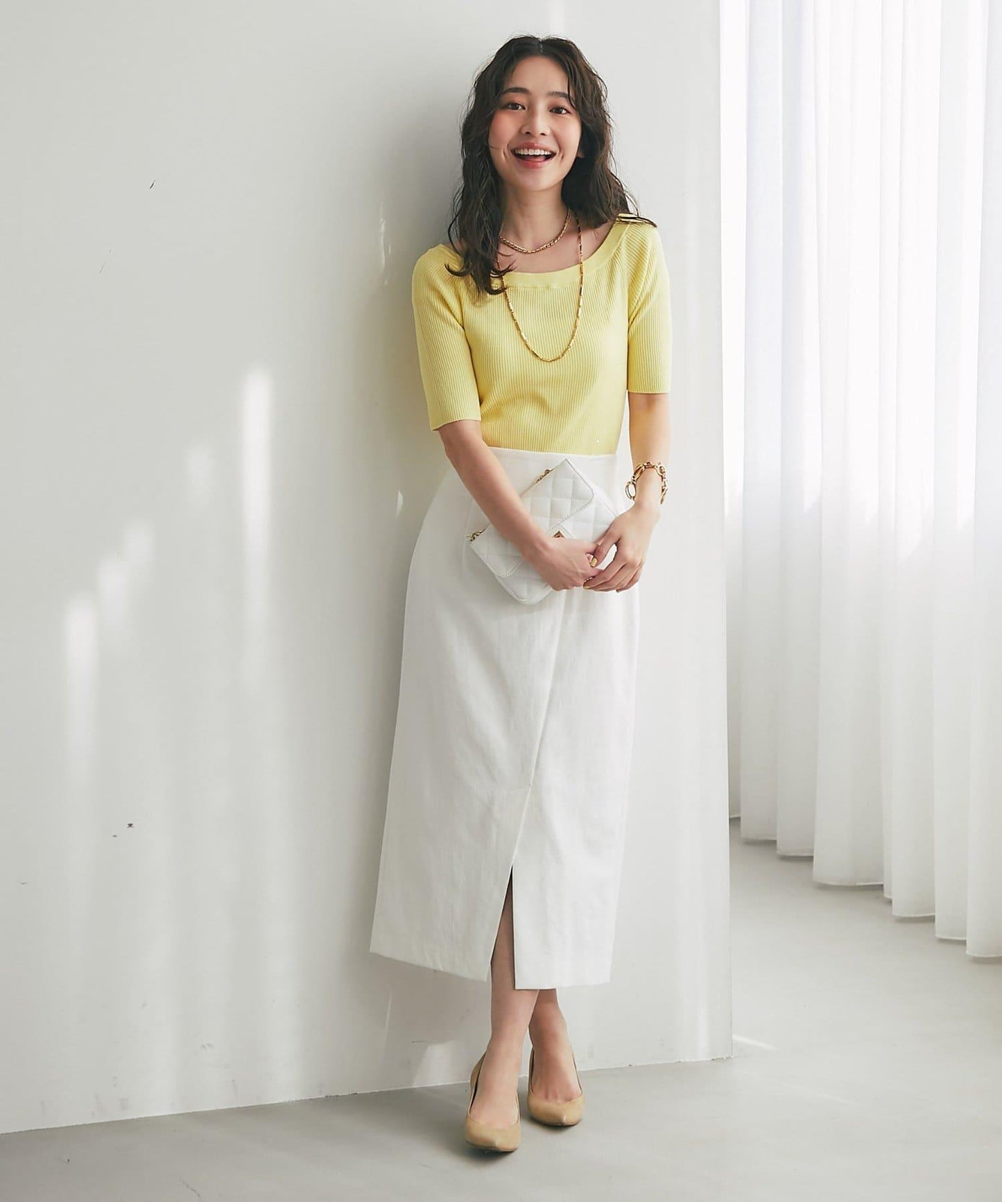 【復刻・新色黃色登場】亮片羅紋一字肩五分袖針織衫