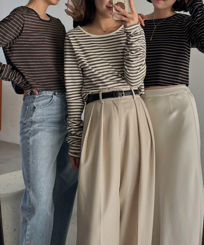 後背U領短款條紋T恤