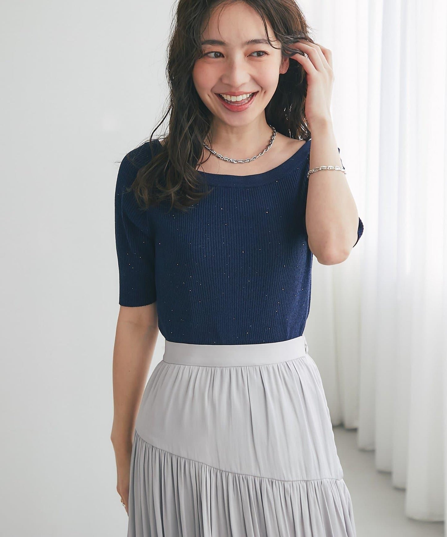 【復刻・新色黃色登場】亮片羅紋一字肩五分袖針織衫