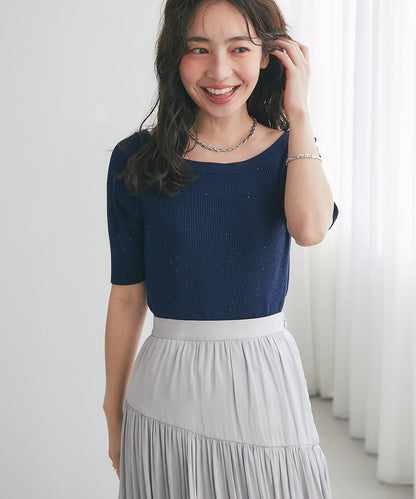 【復刻・新色黃色登場】亮片羅紋一字肩五分袖針織衫