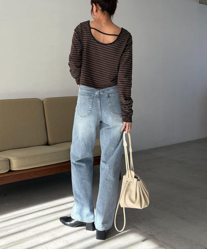 後背U領短款條紋T恤