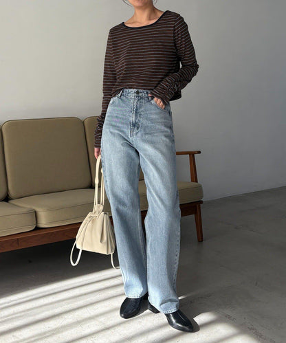 後背U領短款條紋T恤